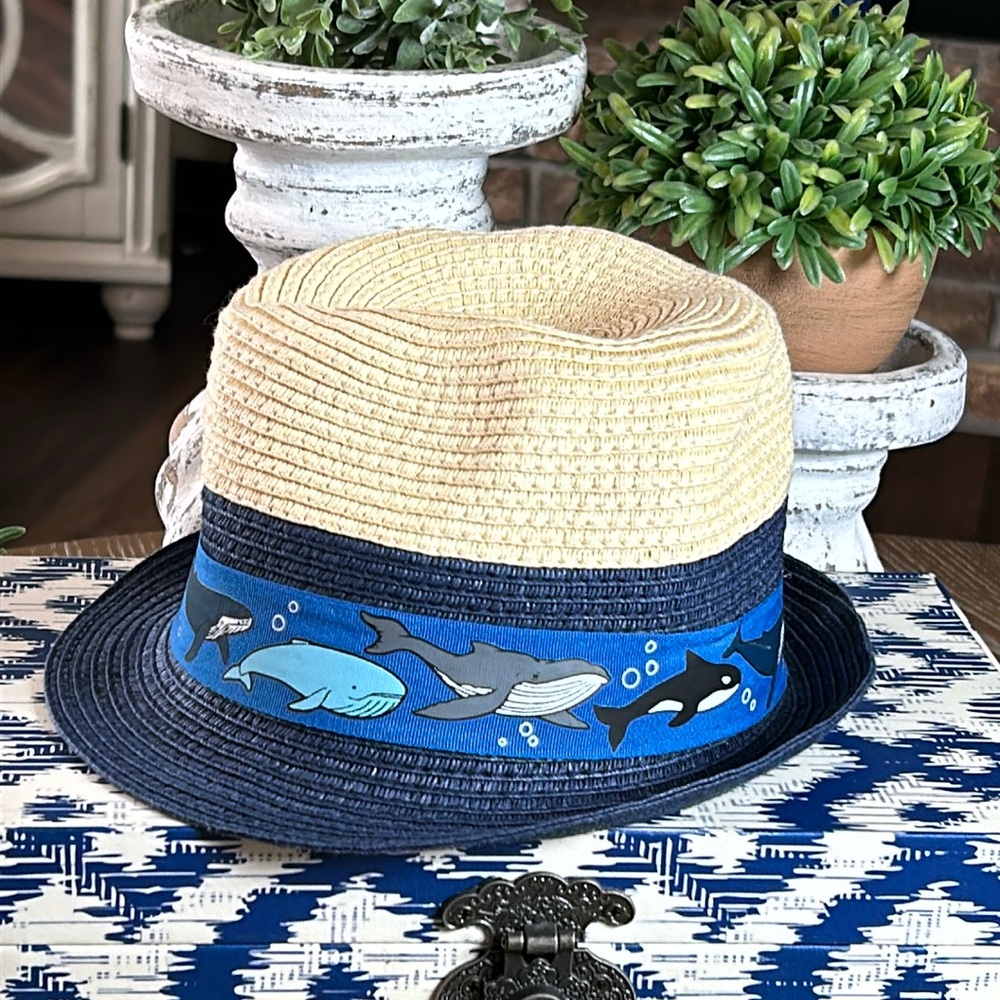 Little Boys Navy Blue & Tan Brown Straw Fedora Hat Whale Stripe